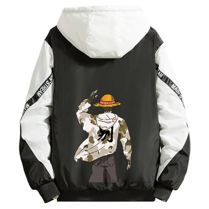 LES KOMAN One Piece Luffy Printing Winter Coat Men Jacket Casul Streetwear Hooded Hip Hop Splice Coats Outwear S-5XL