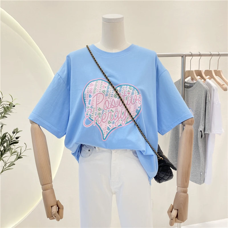 

Letter Heart Printing Short Sleeve T-shirt for Women 2021 Summer New Cotton Loose Plus Half Sleeve Tops Graphic Tee