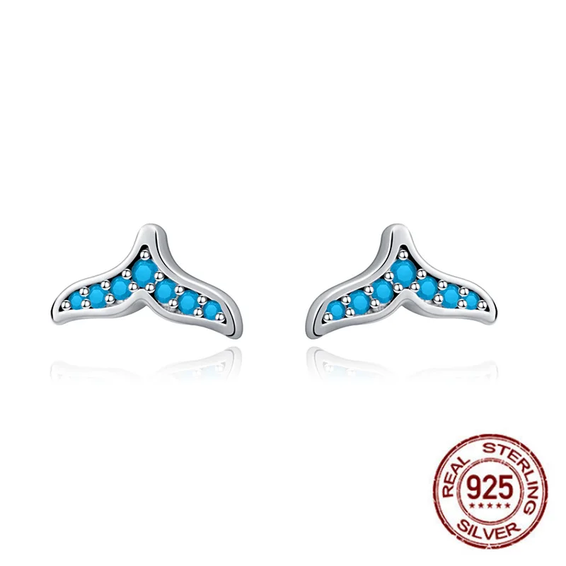

HML&Newest 100% 925 Sterling Silver Blue Zircon Mermaid Fishtail Small Stud Earrings For Women Silver Jewelry