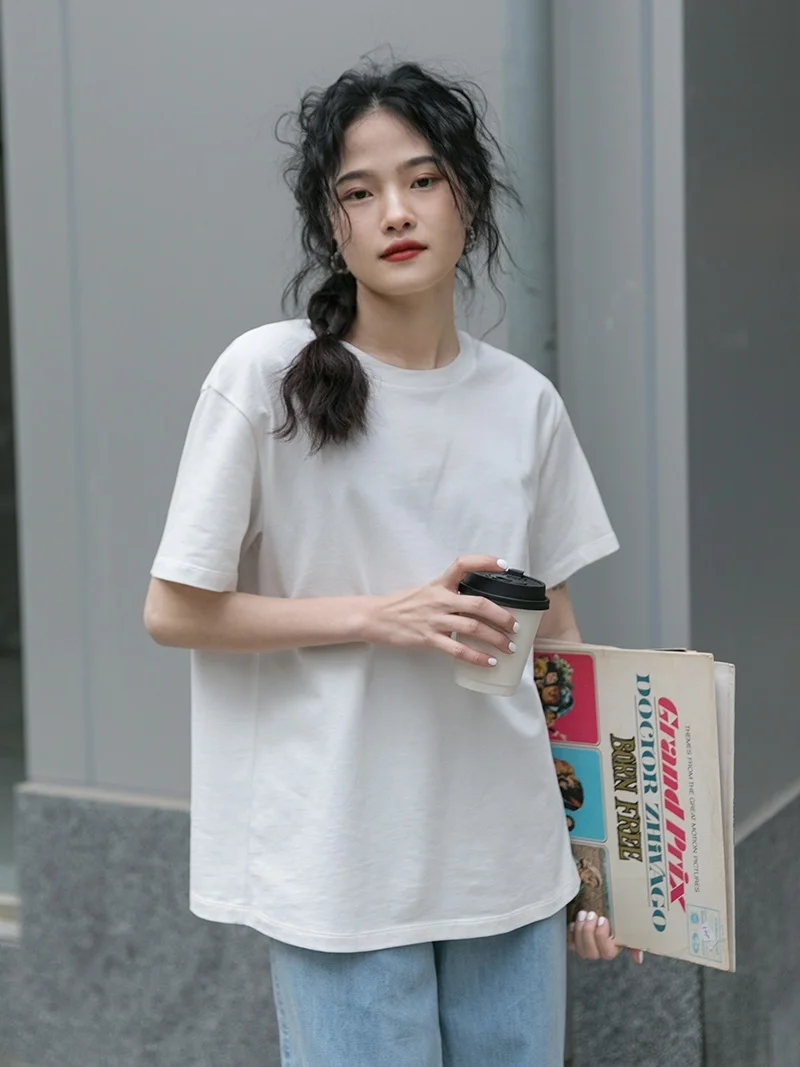 Однотонная белая футболка из хлопка с коротким рукавом Женский Летний Тонкий