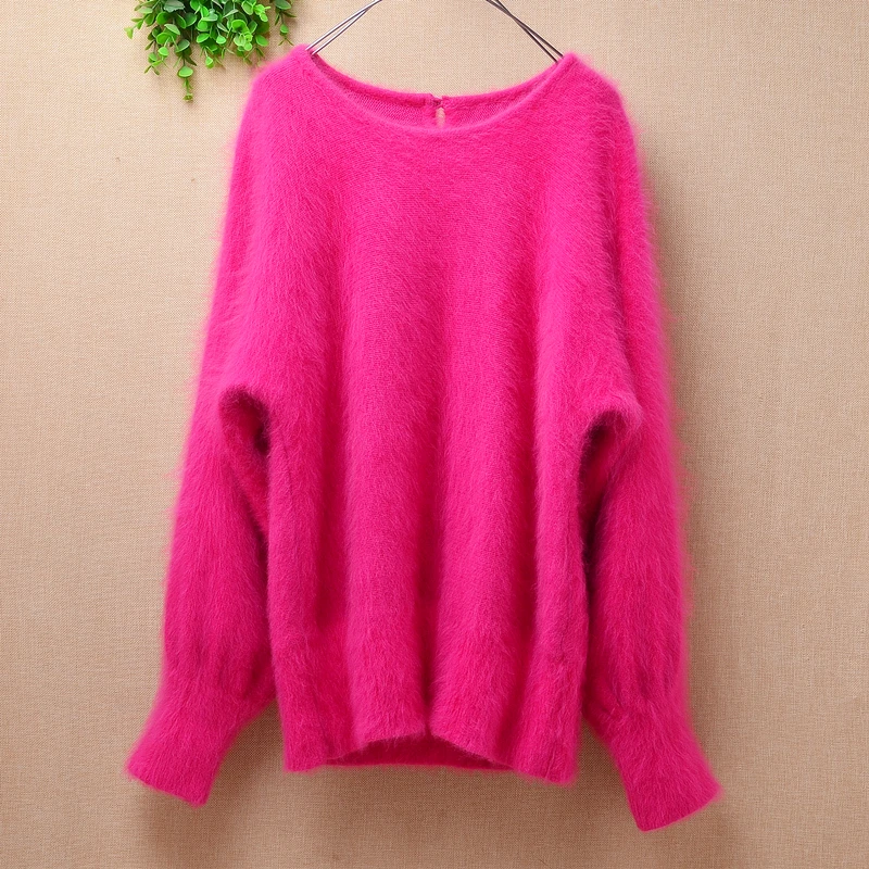 

ladies women fashion pull rose hairy mink cashmere knitted long batwing sleeves o-neck loose pullover angora fur sweater tops