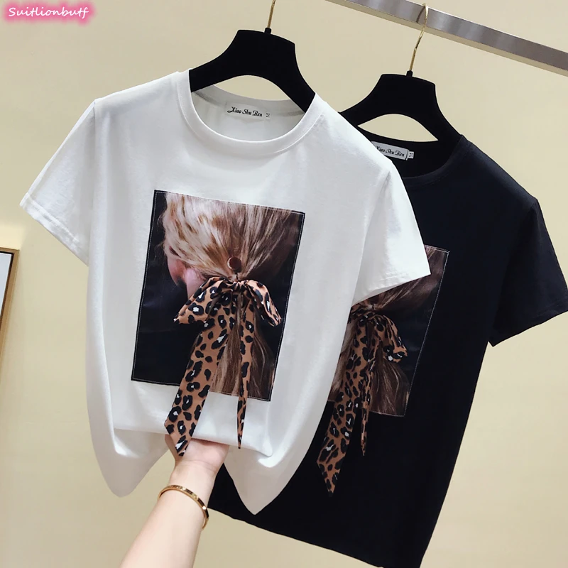 

Patchwork Cotton T-shirt Women Hair Print Bow Tee O-Neck Short Sleeve Loose Korean Tshirt 2021 Summer Casual Crop Top Blouses