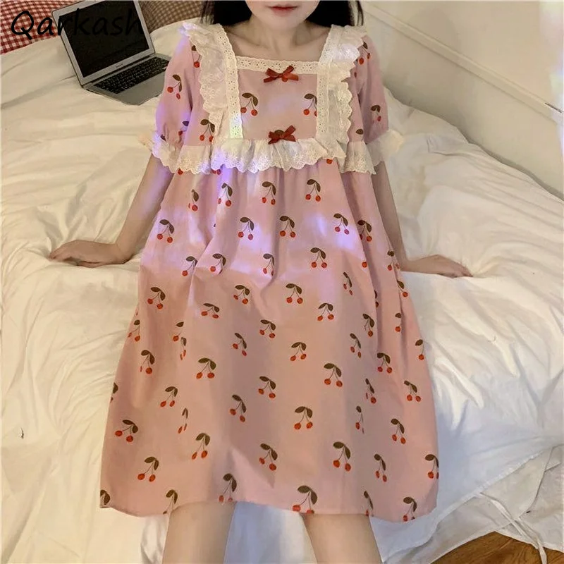 

Женские ночные рубашки, спальное платье, одежда для сна, летние милые рубашки для сна с коротким рукавом и квадратным вырезом, кружевное мил...