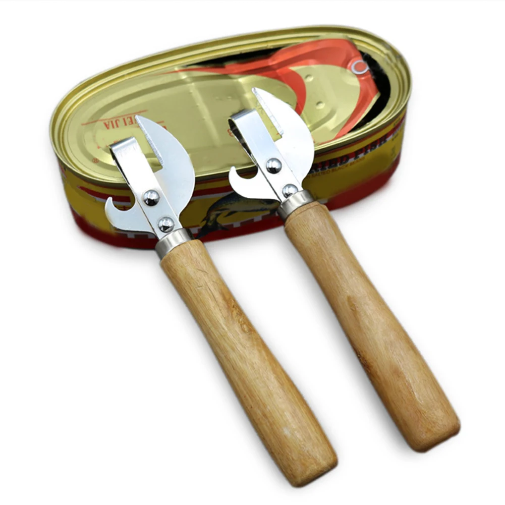 

Stainless Can Opener Manual Lid Remover Utensil Stainless Steel Multifunctional Cooking Bar ToolsAccessories With Wooden Handle