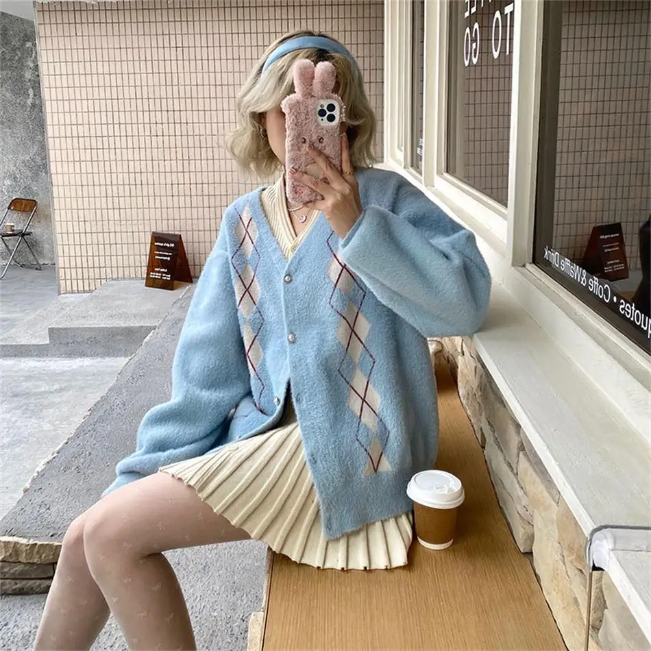 

Preppy Style Knitted Woolen Furry Blue Plaid Cardigans Sweater Women V Neck Loose Pull Female Tops Short Casual Coat Clothes
