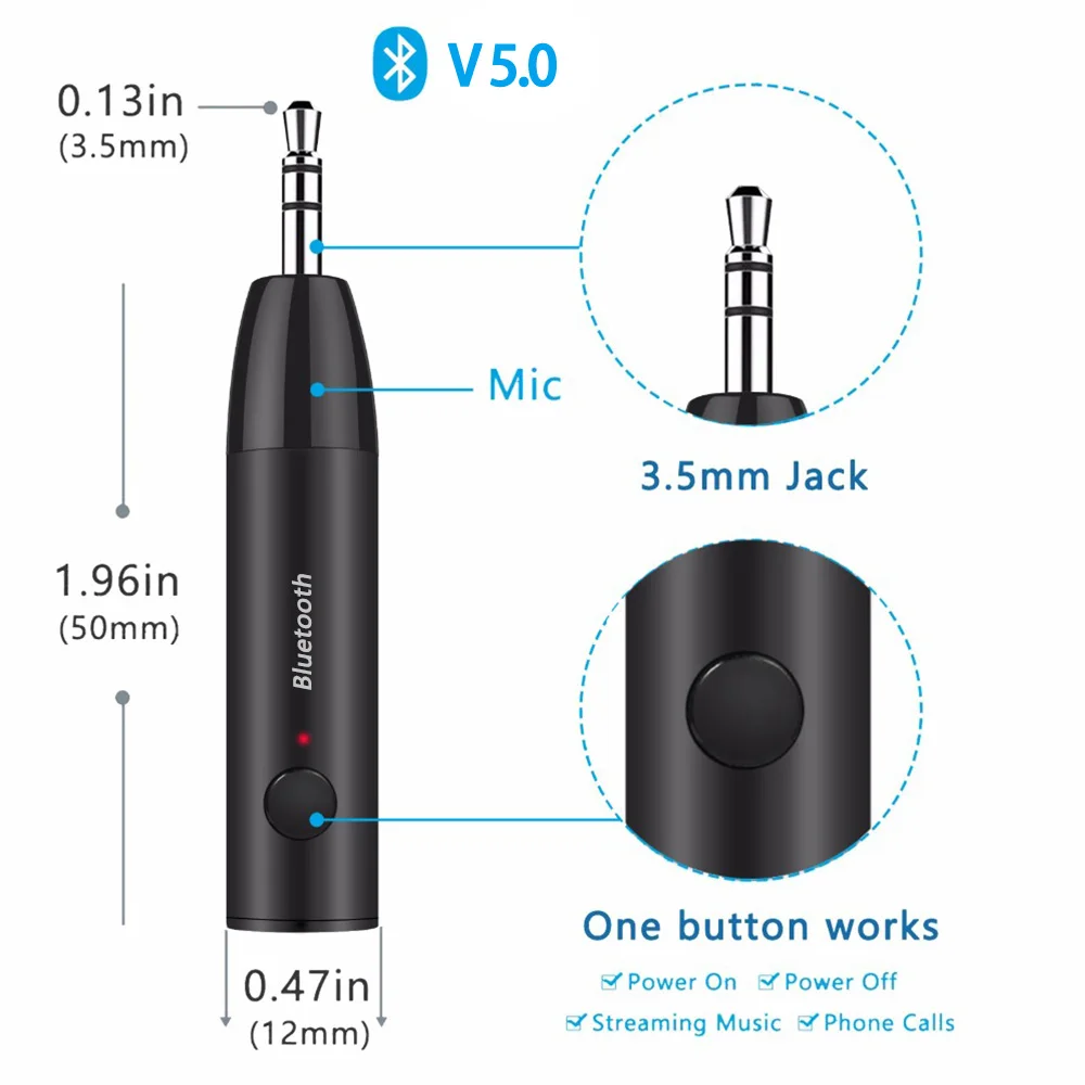 

Car Bluetooth 5.0 Receiver 3.5mm Auto Aux Audio Jack Music Wirless Adapter Stereo Speaker for Tablet Laptop Headphone