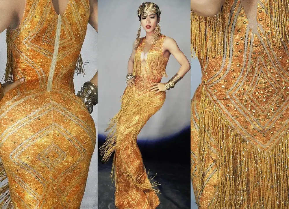 Золотое вечернее платье с кристаллами и кисточками сексуальное стразы для