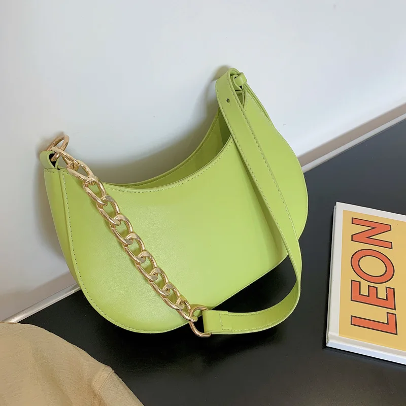 

Simple Style Underarm Shoulder Bags for Women Solid Color PU Leather Baguette Messenger Bag Chains Armpit Handbag Female Purse