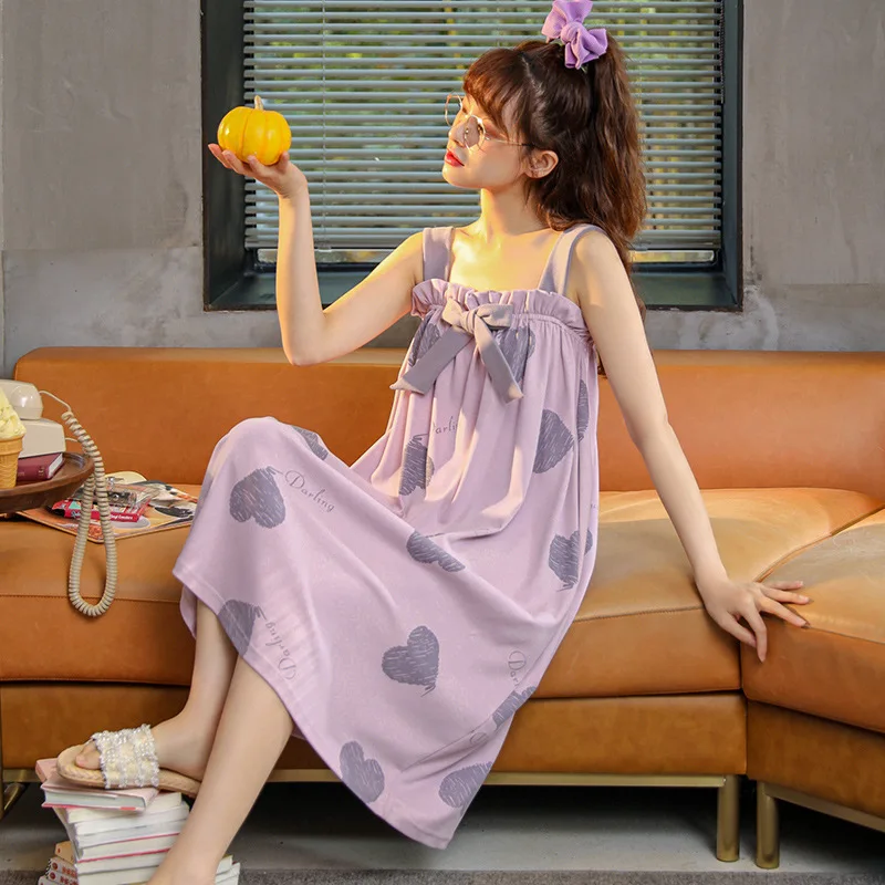 

Summer Women's Homedress Nightdress Girl's Sleepwear Cotton Braces Sleepshirts Long Loose Dress Home Clothing Fashion Nightgowns