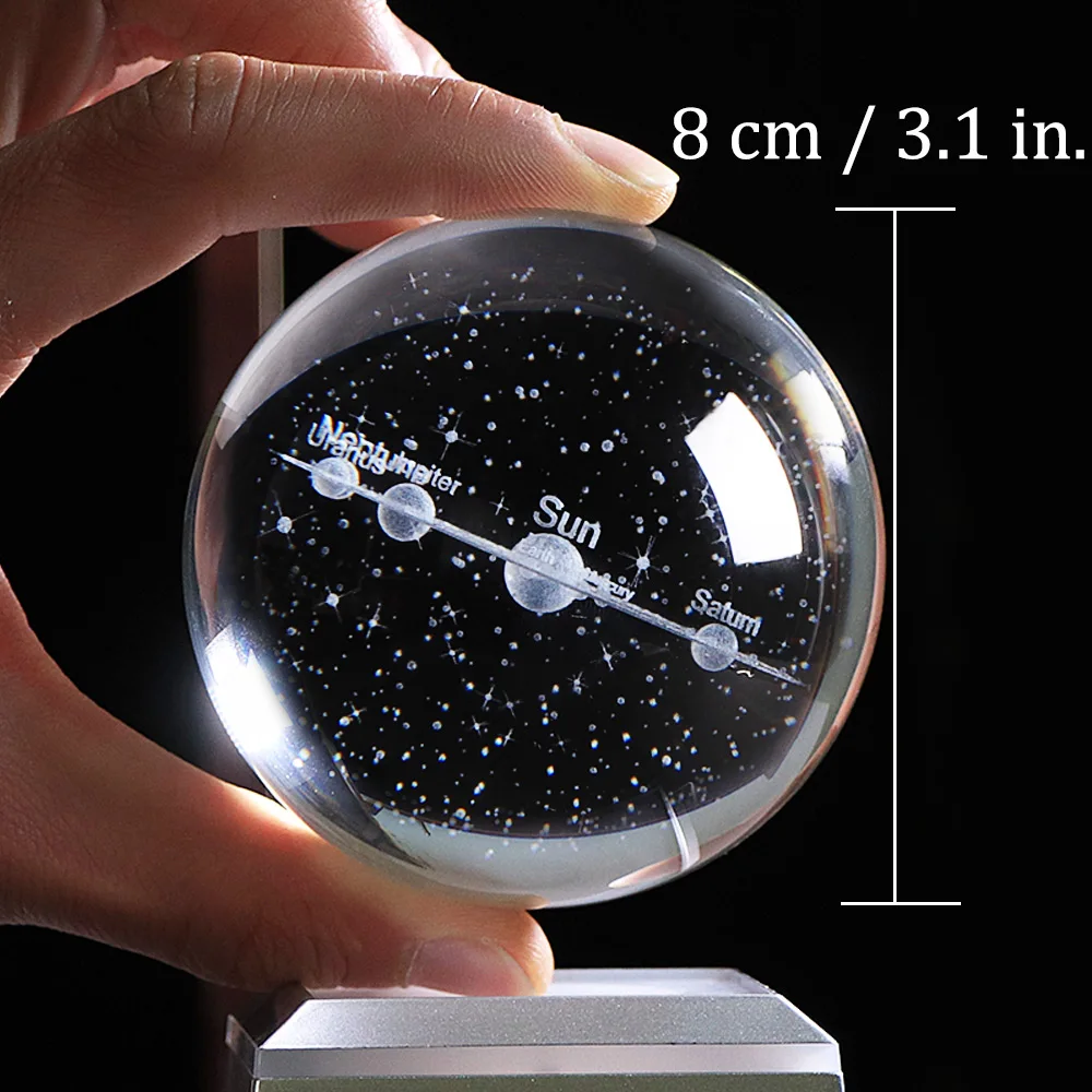 8 CM Solar System Globe Planet Galaxy Ball K9 Crystal Balls 3D Laser Engraved Moon with Night-Light LED Stand Base Cosmic | Дом и сад