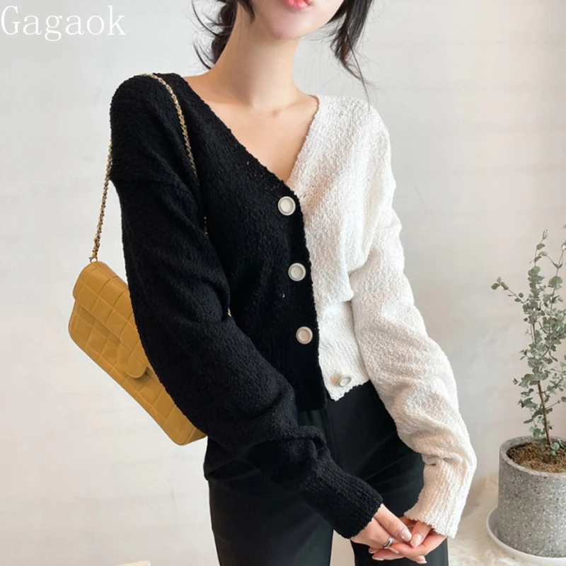 

ONALIPPA Patchwork Cardigan Korean Chic Autumn Wild Thin V-neck Chic Single-breasted Color Matching Long-sleeved Knitted Sweater
