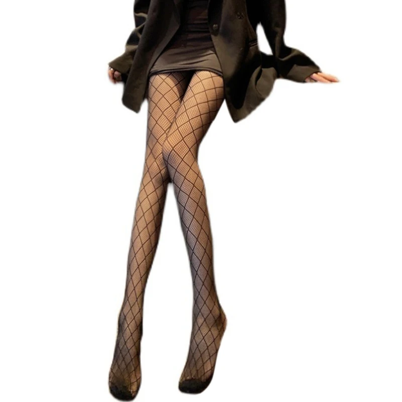 

P8DB Women Sexy Black Fishnet Tights Gothic Plaid Rhombus Mesh Pantyhose Stockings