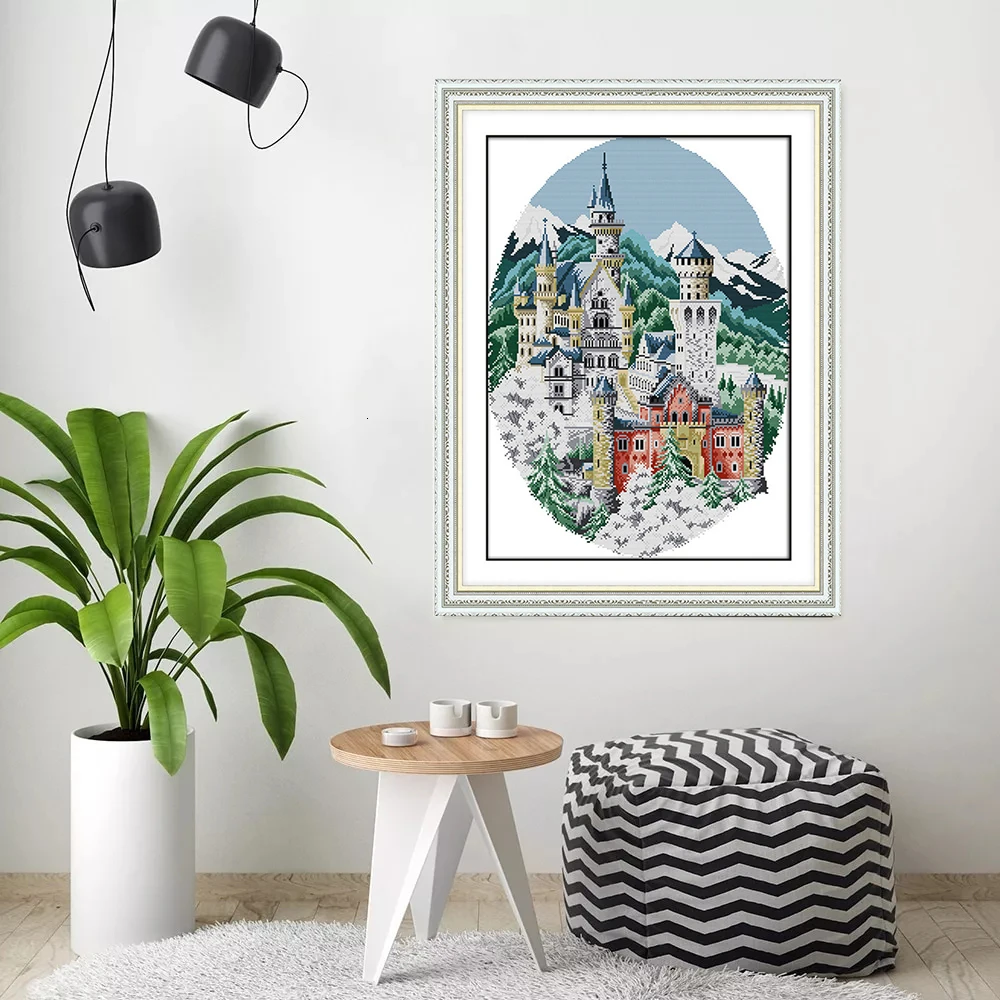 HUACAN Embroidery Castle Scenery Needlework Sets For Full Kits White Canvas DIY Cross Stitch Winter Gift Home Decor 14CT | Дом и сад