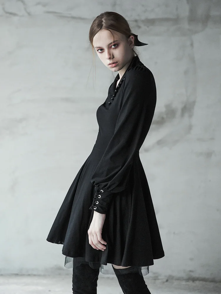 Женское винтажное платье в стиле Панк RAVE готическое черное трапеция с длинным