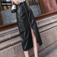 fashion high street high waist genuine leather skirt zippers slim office lady solid elegant sheepskin skirt 2021 autumn new