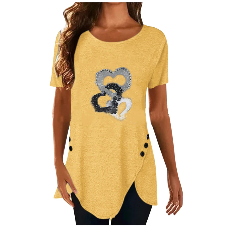 

Heart Print Blouse Shirt Women Short Sleeve Irregular Tops 2021 Summer Fashion Casual Loose Ladies Pullover Shirts Femme Blusa