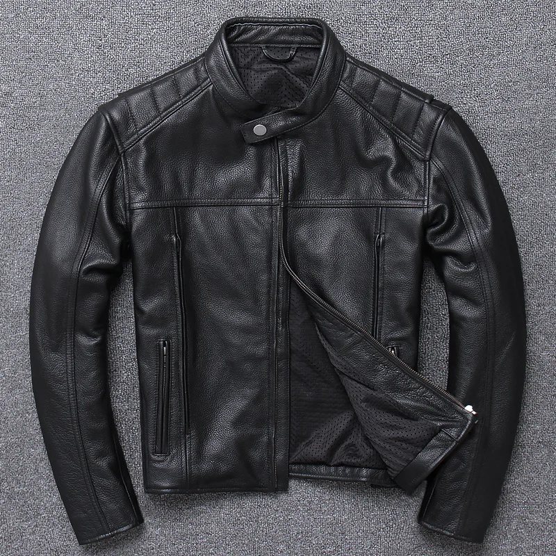 

Куртка мужская кожаная, с воротником-стойкой и верхним слоем из воловьей кожи