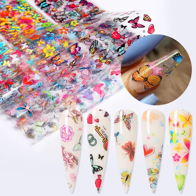 10 рулонов/коробка наклейки из фольги для ногтей цветы бабочки смешанные узоры