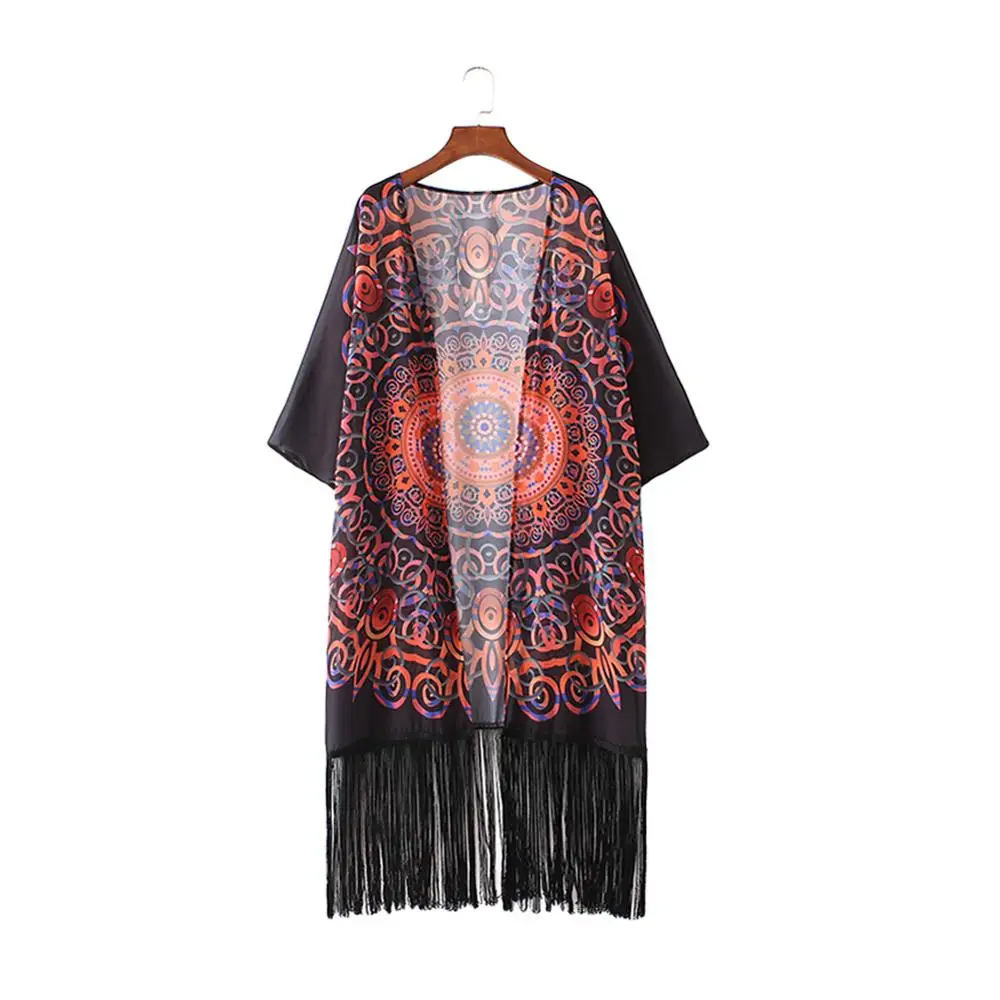 Женский шифоновый кардиган кимоно Boho с геометрическим принтом бахромой и