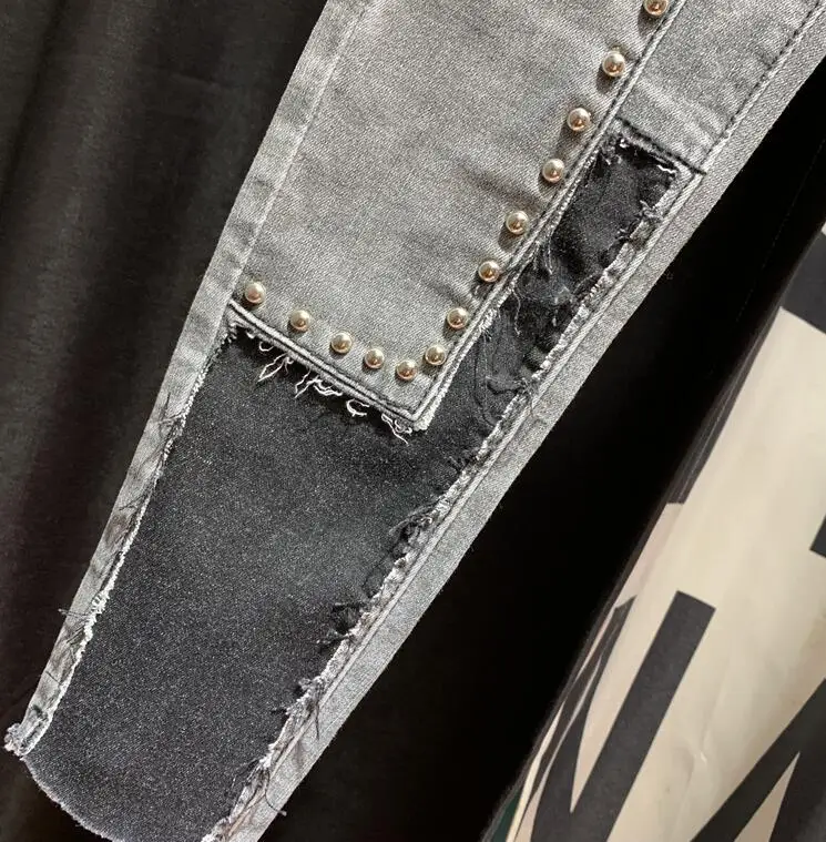 

Skinny Jeans Woman 2020 Spring summer Women Jeans Patchwork Beaded Femme Denim Pants Street High waist slim Pencil pants p539