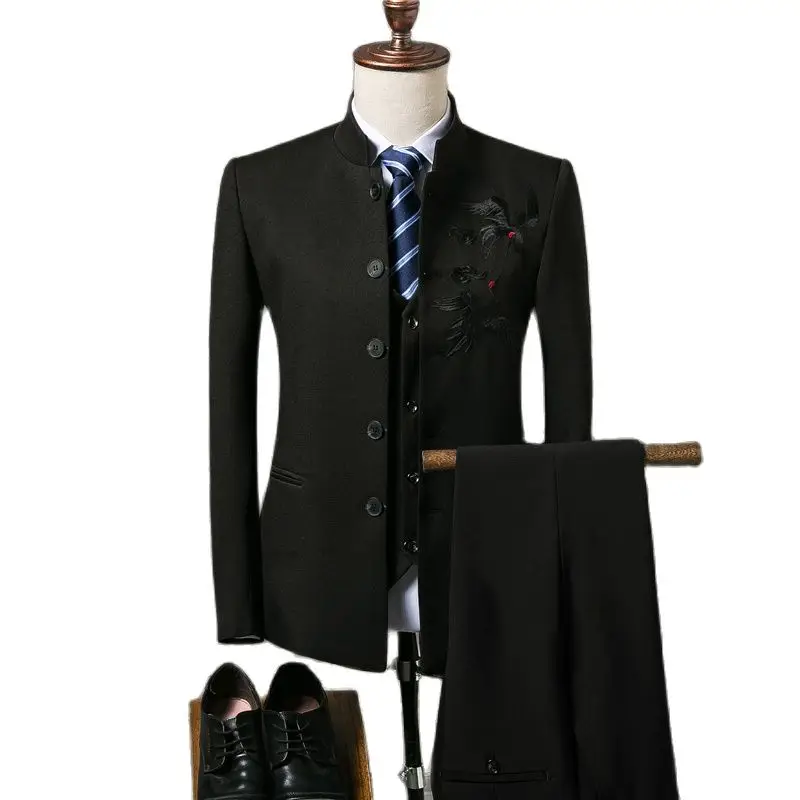 

Men Suit Coat Vest Pants Fashion Chinese Retro Style Wedding Groom Suit Stand Collar Classic Men Dress Blazers Jacket Trousers