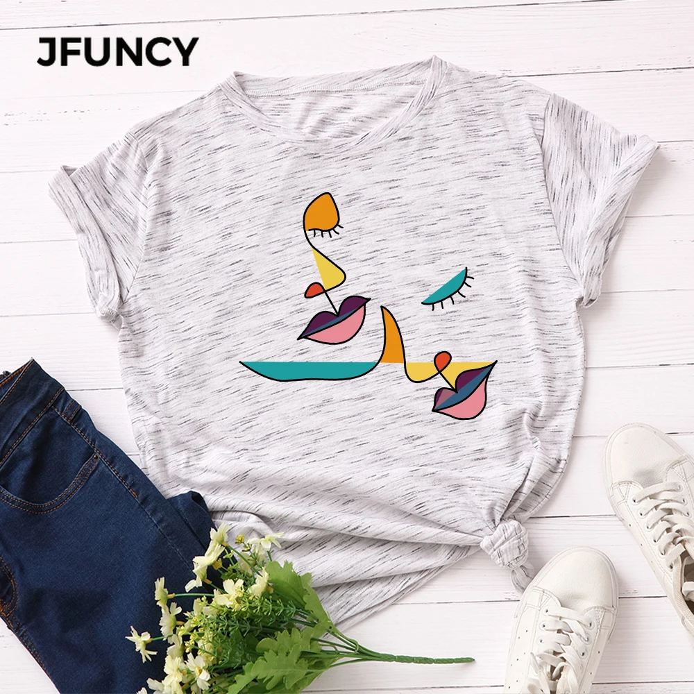JFUNCY Cuddle Printed  Women T-shirts Female Short Sleeve Basic Tops Summer Cotton T Shirt Woman Casual Tee Shirts