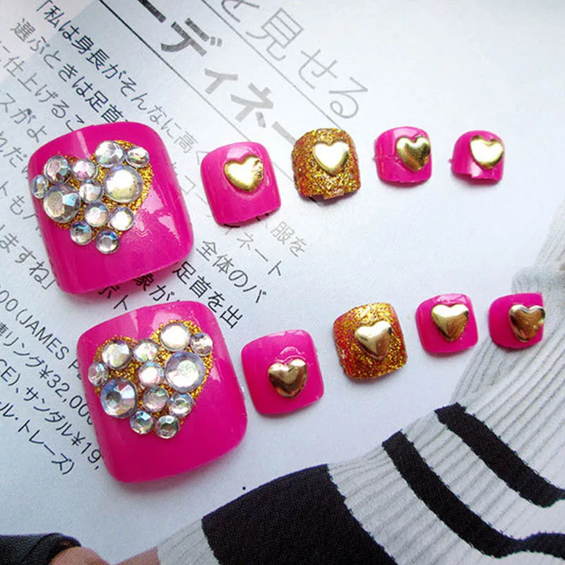 Glitter Fake Nail Rhinestone Heart Shape Full Cover False Foot 24pcs Girls Sweet Rose Red Nails | Красота и здоровье