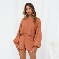 autumn solid color two pieces suit tracksuit women long sleeve o neck tops and high waist shorts pant female casual loose sets