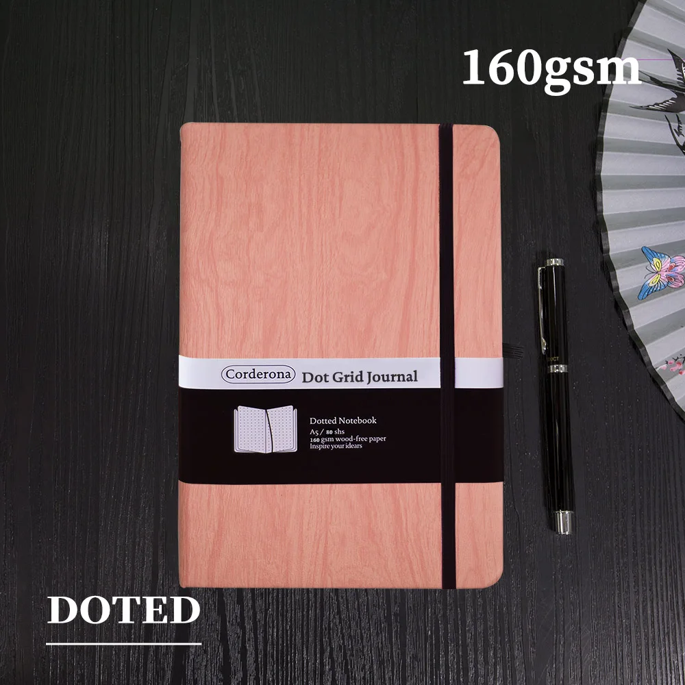 

A5 160gsm Wooden Pink Bullet Dotted Grid Journal Elastic Band Hard Cover Notebook
