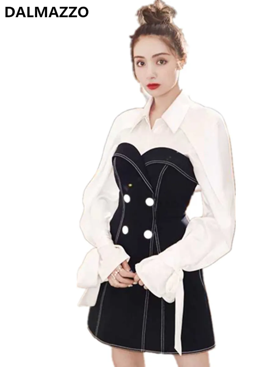 Женский элегантный костюм-рубашка с длинным рукавом и джинсовой юбкой без