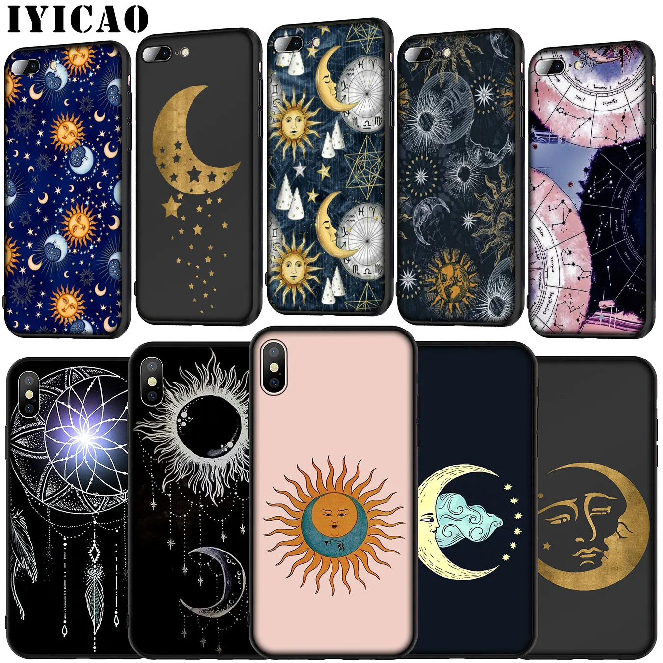 IYICAO Gold moon and Sun Aesthetic Soft Silicone Cover Case for iPhone 11 Pro XR X XS Max 6 6S 7 8 Plus 5 5S SE Black Phone |