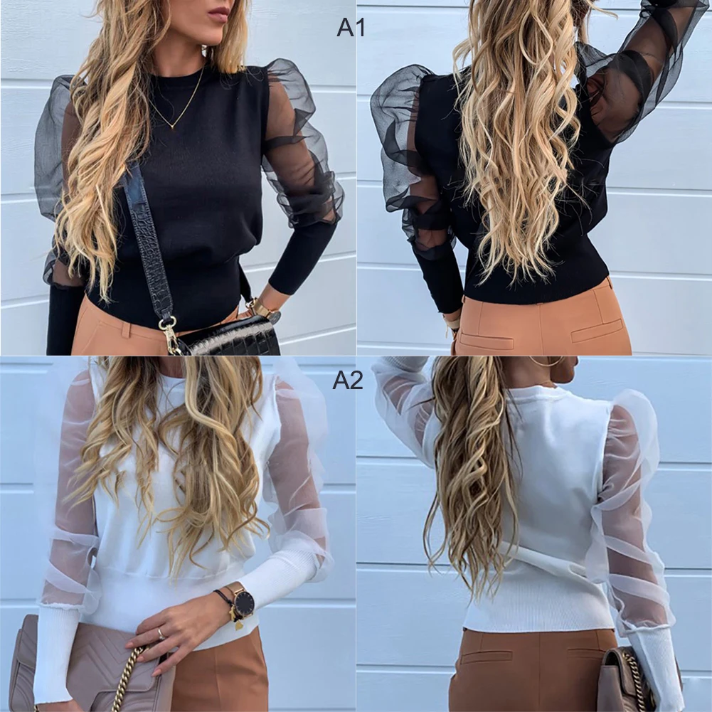 

Solid Pearl Beaded Design Women's Blouse Shirt Puff Sleeve Elegant Fashion 2020 Autumn Spring Female Lace Tops Ladies Blouses