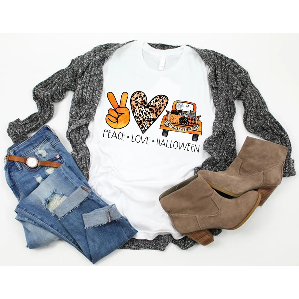 

PEACE LOVE HELLOWEEN Letter Print Summer Women T-shirts Stitching Oversized Woman Tops O-Neck Casual Festival Clothes For Women