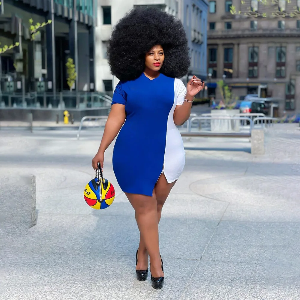 

SSEURAT Women Plus Size Dress Patchwork Short Sleeve Zip Splited Bodycon Dresses Office Lady Streetwear Summer