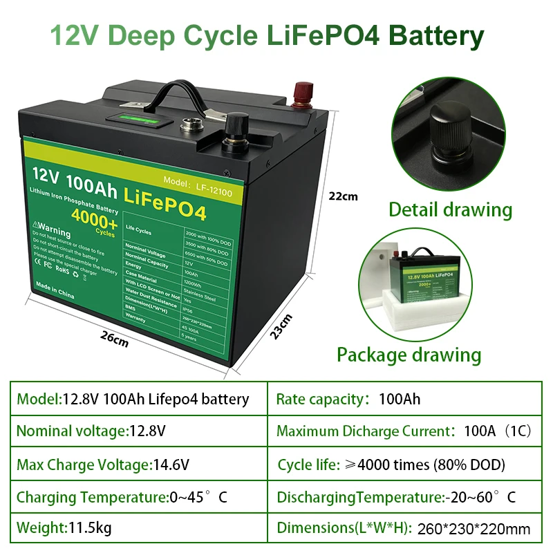 Аккумулятор LiFePO4 12 В 100 Ач литий-железо-фосфатная ячейка встроенная