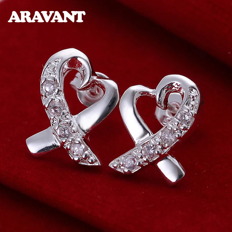 

925 Sterling Silver Heart CZ Zircon Stud Earrings For Women Wedding Jewelry