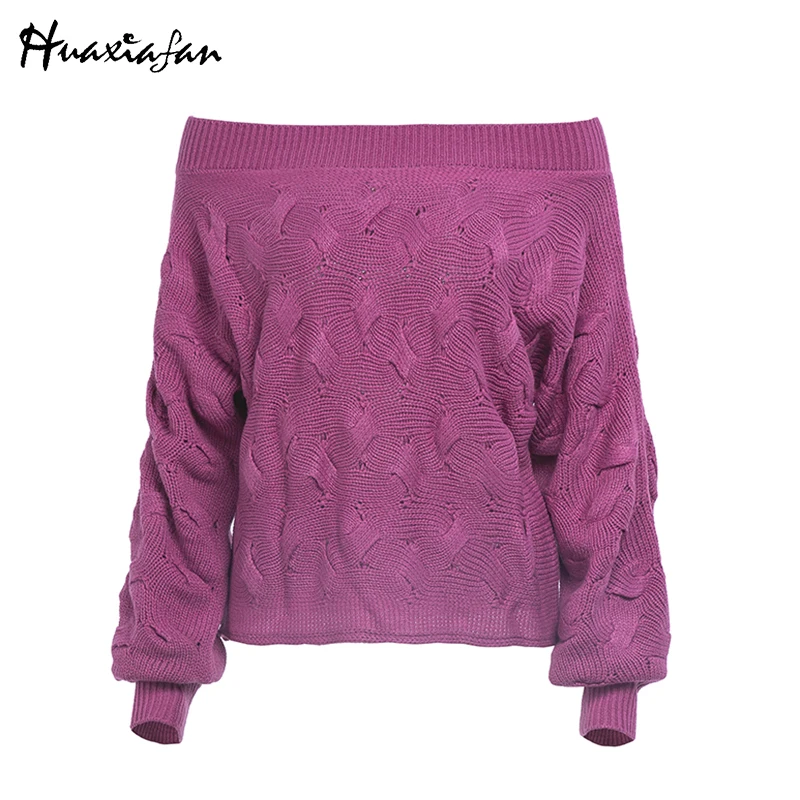 

Huaxiafan Off Shoulder Knitted Pullovers Women Sweaters Elegant Ladies Streetwear Oversize Tops Knitwear Female 2021 Autumn New