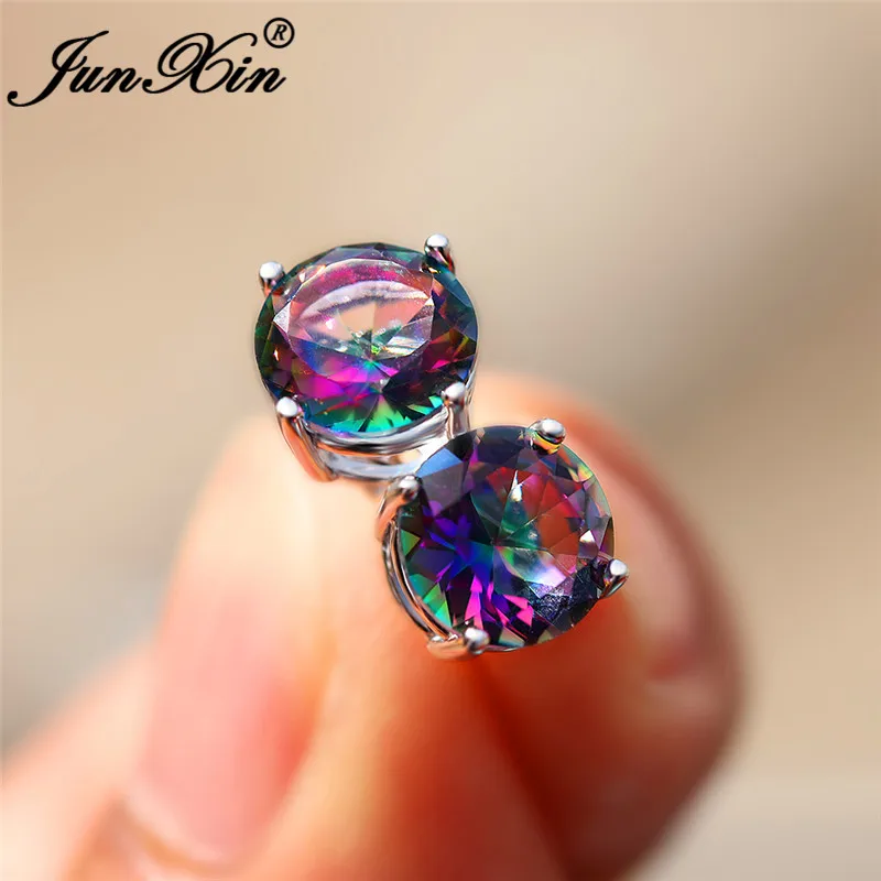 Rainbow Earrings Радужные огненные хрустальные круглые серьги-гвоздики для женщин 925 Серебряные Красочные фиолетовые Зеленые Синие циркониевые свадебные серьги простые ювелирные изделия - Окраска металла: Rainbow Earrings