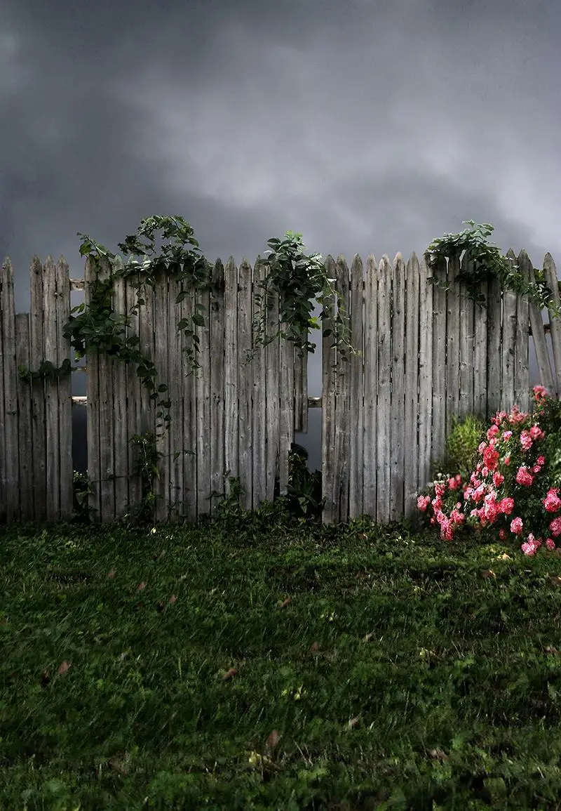 

Dark Clouds Rainstorm Photo Backdrops Photography Background Fence Pink Flowers Green Grass Leaves Spring Landscape Background