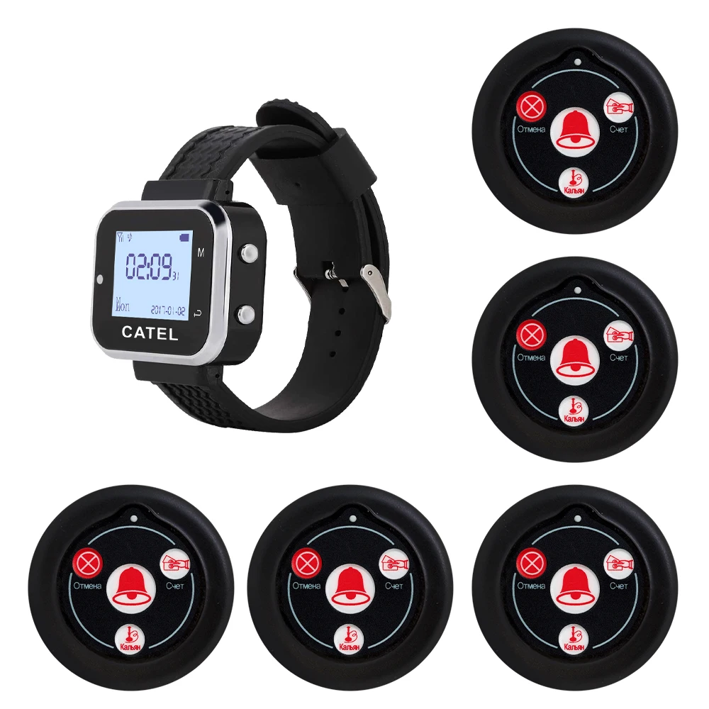 CATEL Russian Language 5 Button 1 Watch Wireless Calling System Call Transmitter Paging Pager for Restaurant Waiter Buzzer