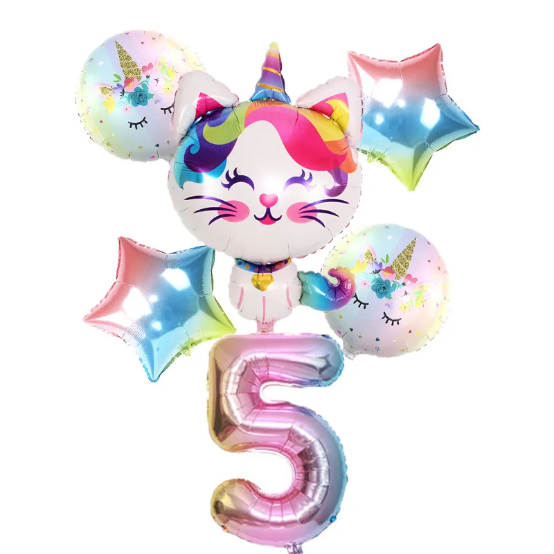 6pcs Rainbow Unicorn Cat Foil balloon 32inch Gradient color Number ballon Birthday Wedding Party Decoration supplies Baby Shower | Дом и сад