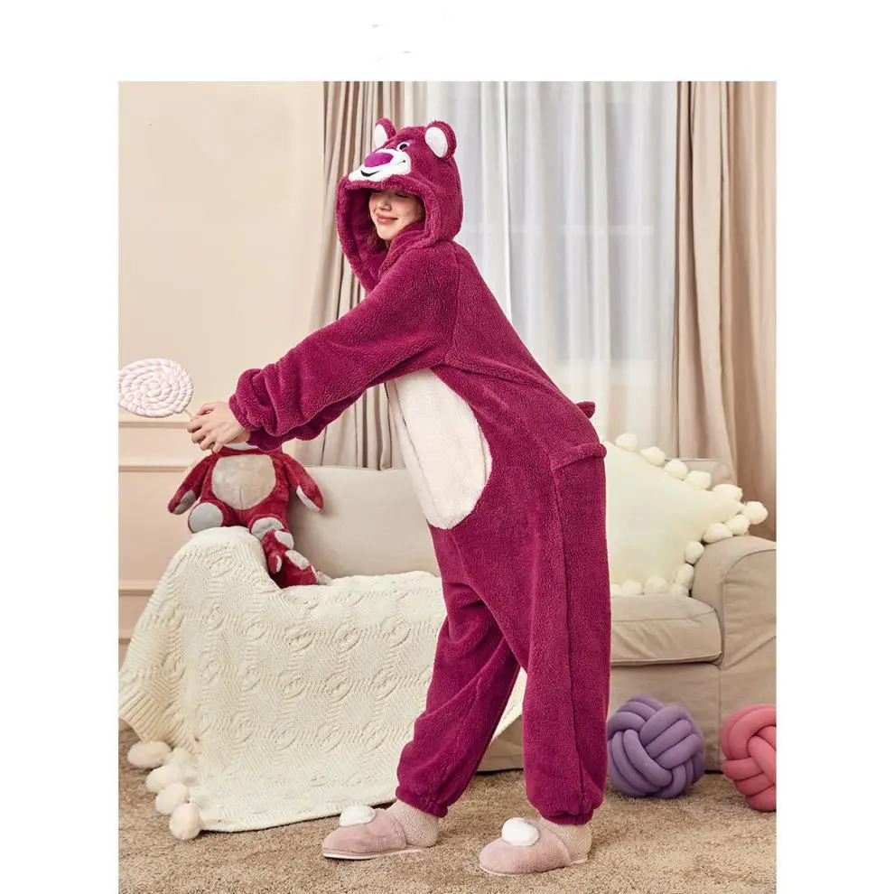 Women Onesies Pajamas Strawberry Bear Kigurumi Thick Coral Velvet Loungewear Women's Home Wear One-piece Jumpsuit for Winter