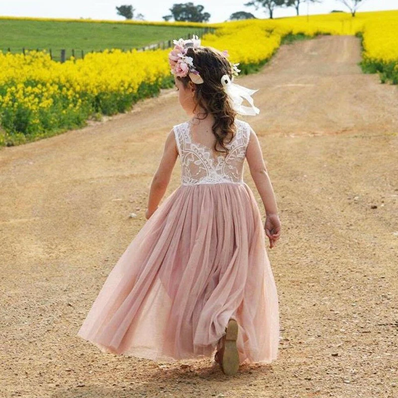 Весенне-летнее кружевное платье для девочек принцессы с открытой спиной детская