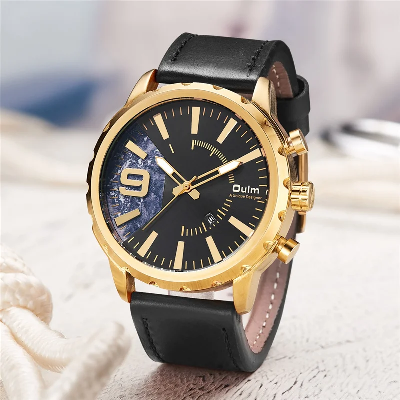 Oulm Мужские часы с коричневым кожаным ремешком Авто Дата кварцевые наручные