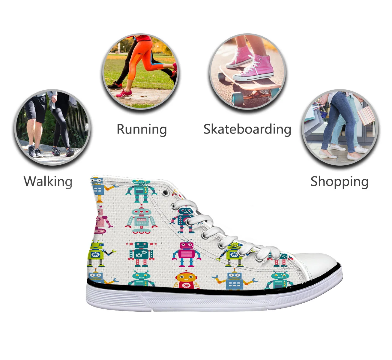 WHEREISART/Женская парусиновая обувь с рисунком робота высокая флэтс унисекс