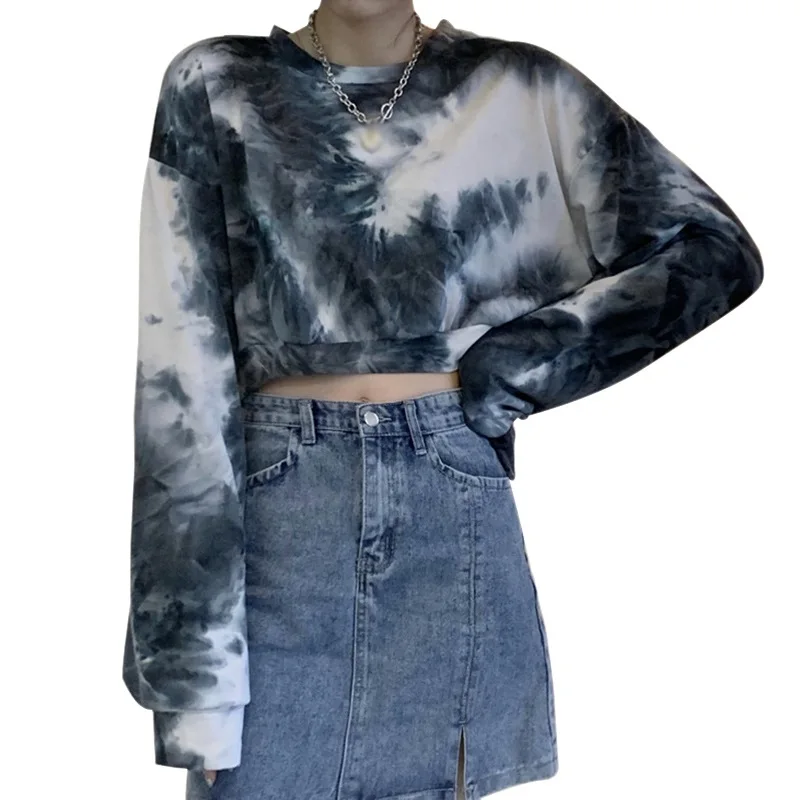 

Women Niche Tie-dye Hoodie Autumn New Arrival Round Neck Ladies Pullover Long-sleeved Sweatshirt