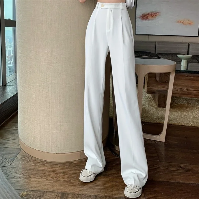 Брюки женские с завышенной талией, тонкие свободные штаны с широкими штанинами, повседневные универсальные прямые брюки в Корейском стиле, ...