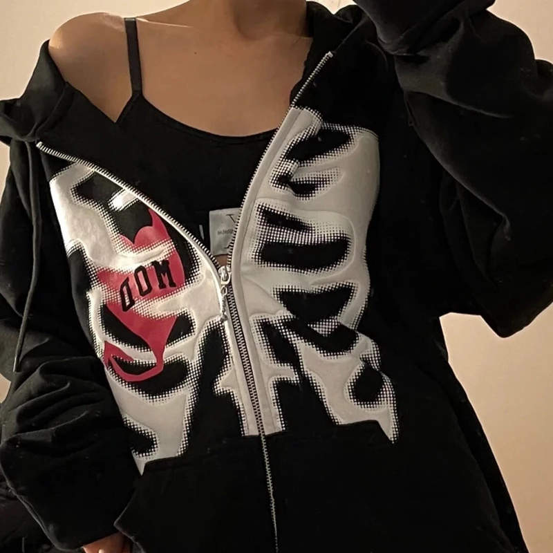 

Y2K Harajuku толстовка на молнии в Корейском стиле женская готическая графика винтажная Свободная Толстовка с длинным рукавом с капюшоном уличная одежда на Хэллоуин