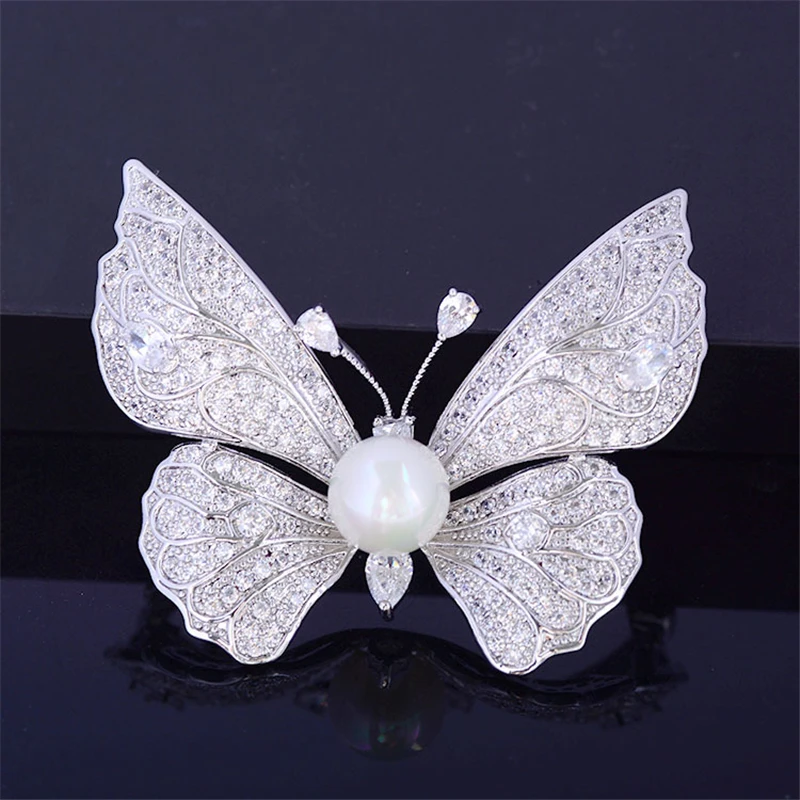 Silver Color Big Butterfly Brooches Pins White Cubic Zirconia Brooch Wedding Broaches Large Insect Pearl Jewelry Broches Women