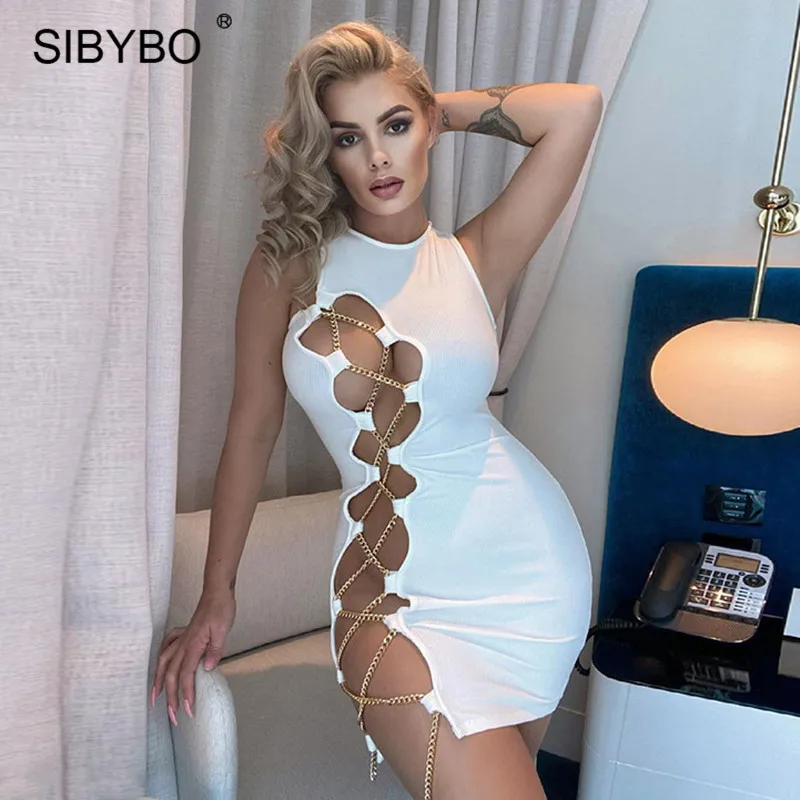 Женское облегающее платье Sibybo с круглым вырезом без рукавов цепочкой Бандажное